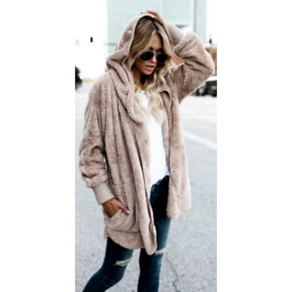 5⭐ black oversized fuzzy sherpa faux fur hooded open front cardigan pockets - Picture 4 of 9